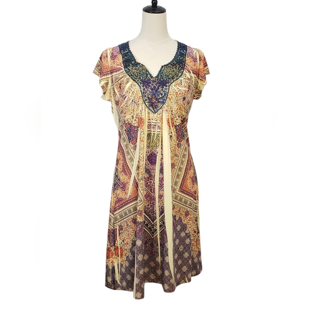 ⚪️2/$20 Apt 9. Y2K Sublimation Dress Crochet Stud Detail Colorful L Scarf Print